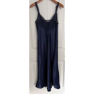 Victoria's Secret Gold Label Navy Satin Lace Lingerie Long Slip Gown Vintage Med